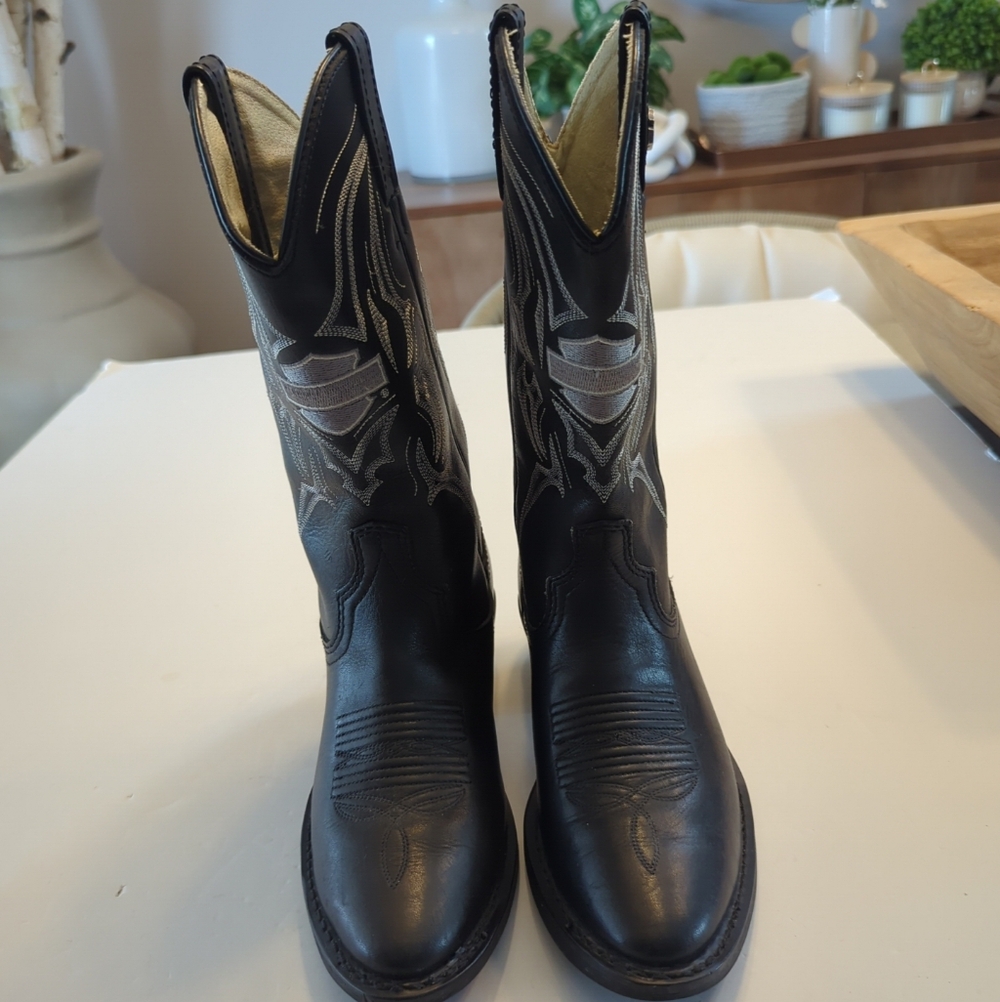 Harley Davidson Leather Cowboy Western Leather Boots Size 7 Black 81598 GUC - Picture 3 of 8